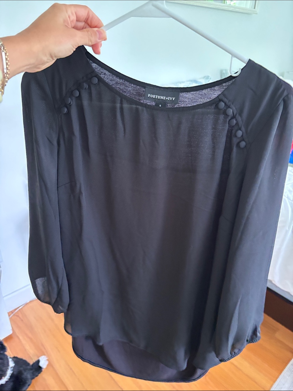 Fortune & Ivy Black Sheer Button-Shoulder Blouse